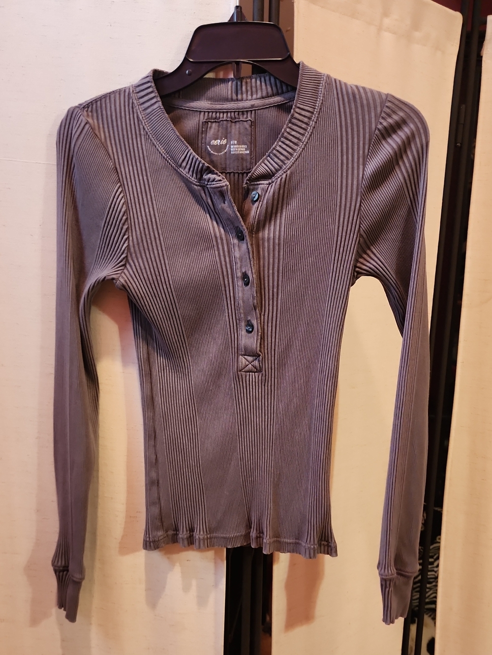 aerie Ribbed Henley Long-Sleeve Top in Gray